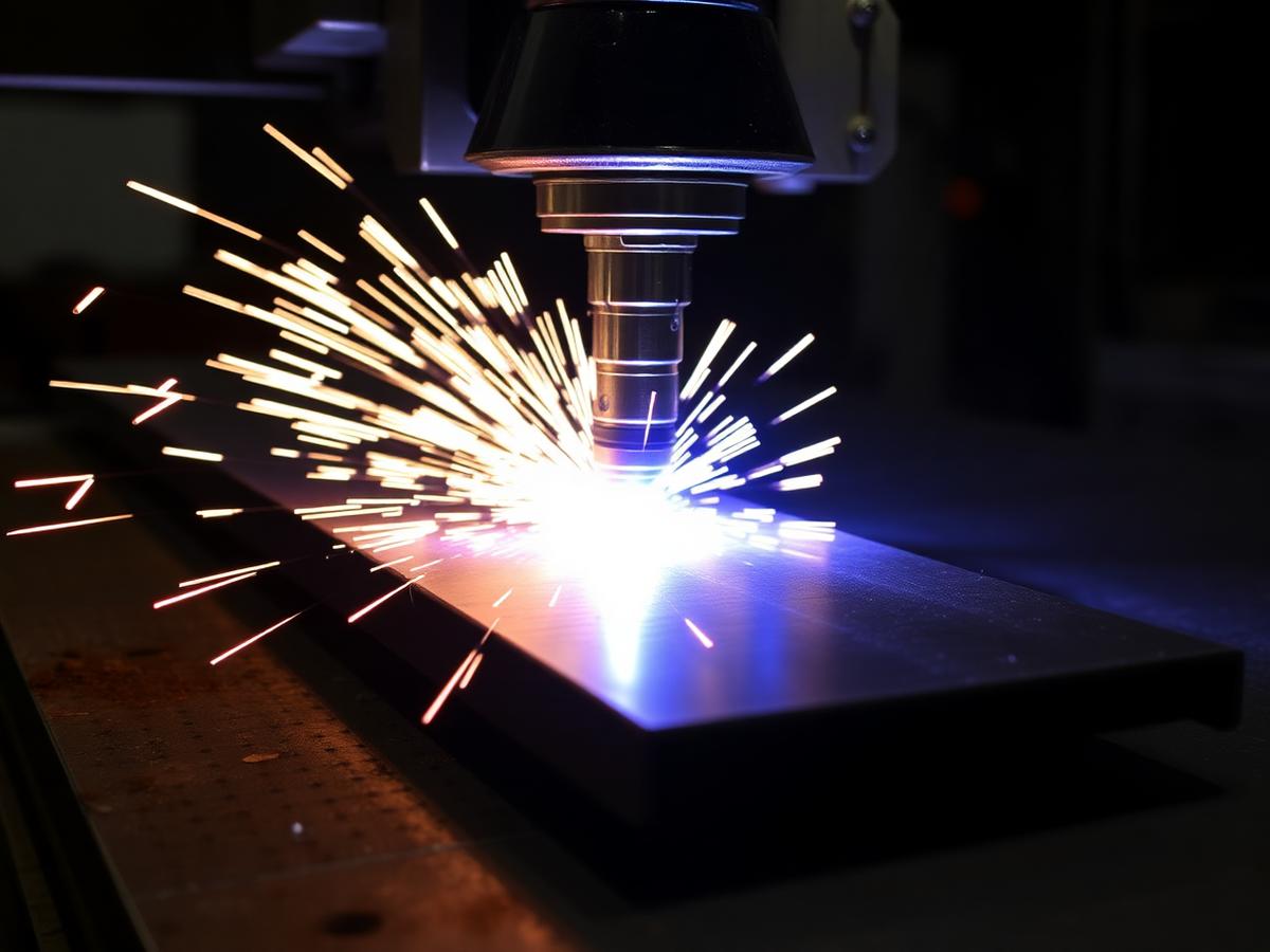 CNC plasma torch cutting a steel plate with bright sparks