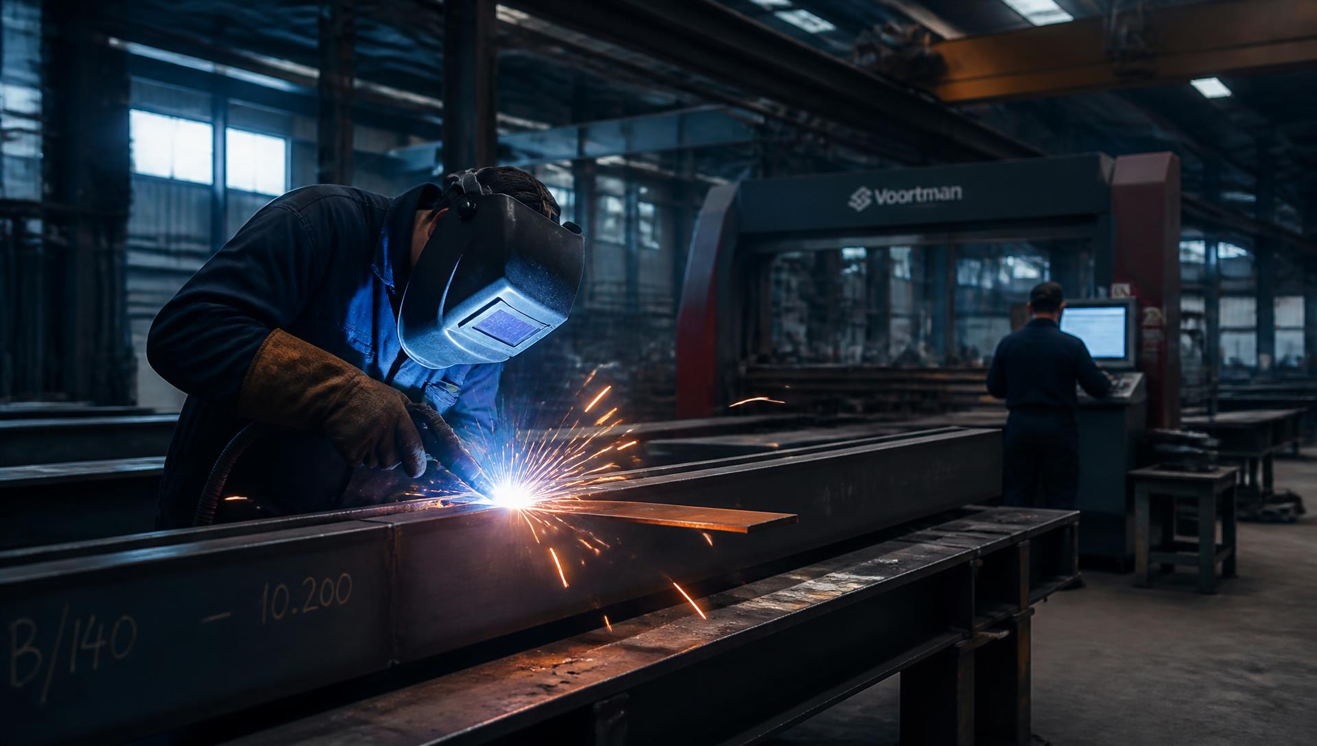 Welder joining a structural steel beam inside the BAFA fabrication workshop