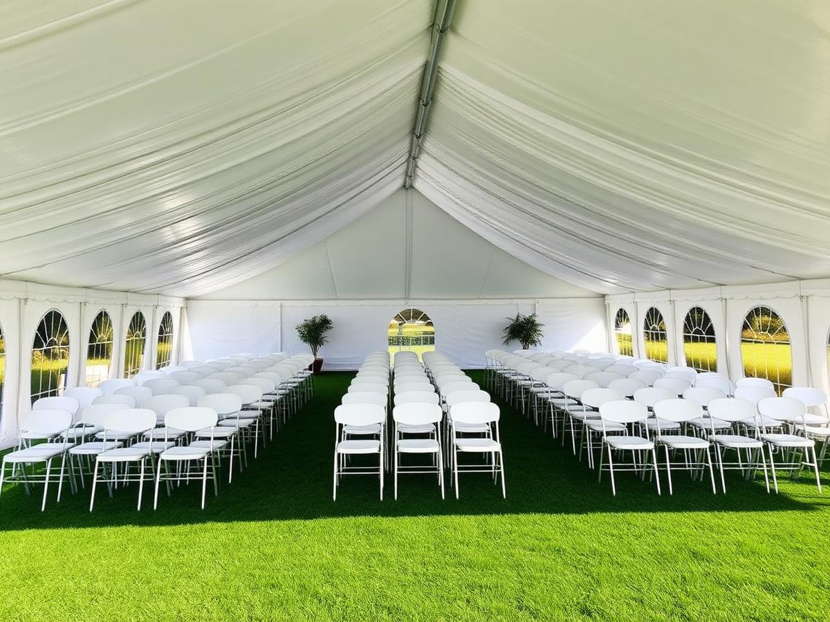 White marquee tent set with rows of hired white chairs on a lawn